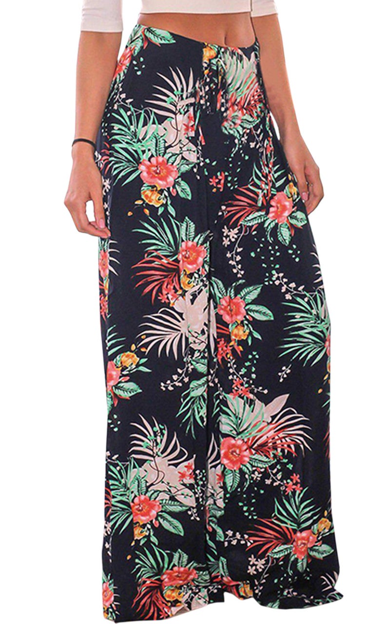 ECOWISH Wide Leg Pants for Women Summer 2024 Palazzo Tropical Floral Belted Casual Lightweight High Waist Flared Trousers with Pockets Navy Blue Large - Image 1